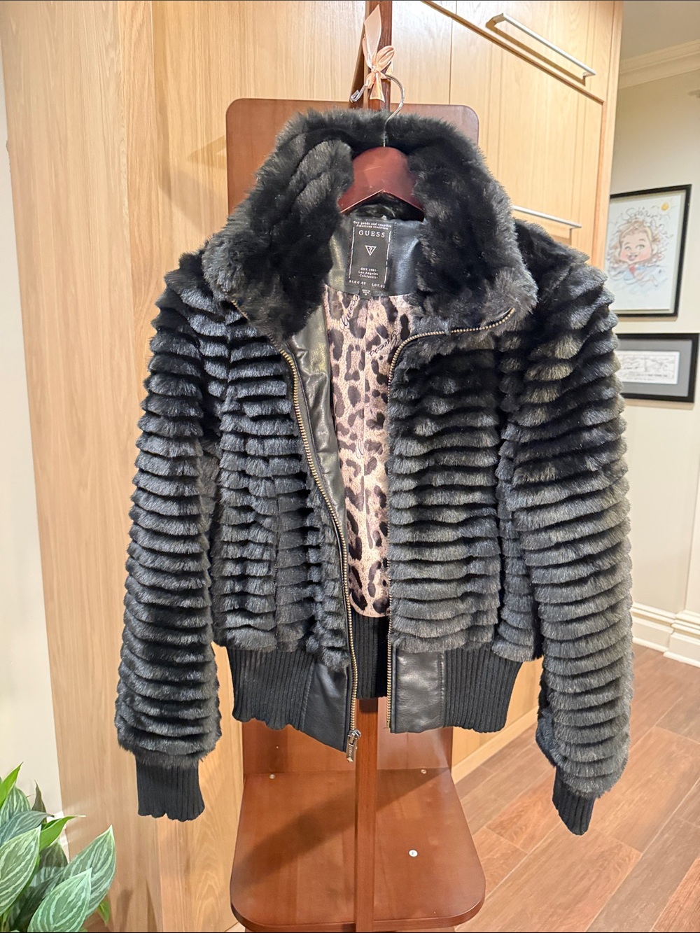 GUESS Black Ribbed Faux Fur Bomber Jacket with Leopard Lining